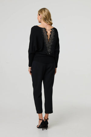 Black | Lace Trim V-Back Boat Neck Jumper Top
