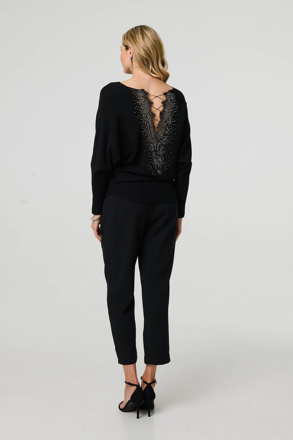 Black | Lace Trim V-Back Boat Neck Jumper Top
