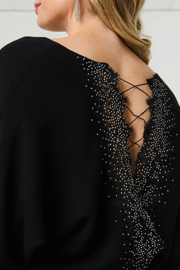 Black | Lace Trim V-Back Boat Neck Jumper Top
