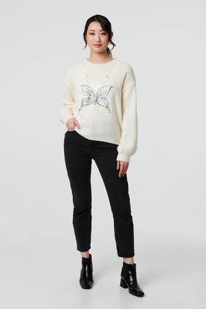 White | Butterfly Embellished Puff Sleeve Jumper
