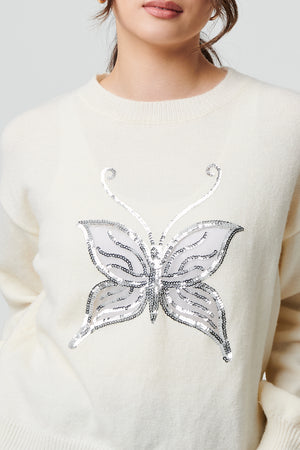 White | Butterfly Embellished Puff Sleeve Jumper
