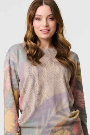 Beige | Abstract Long Sleeve Round Neck Knit Top

