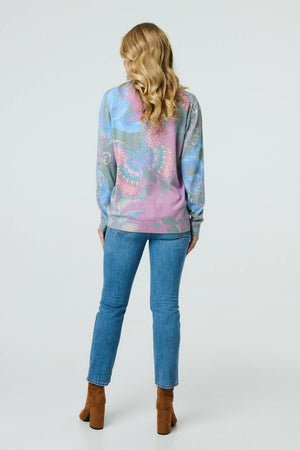 Blue | Abstract Print Stud Detail Knit Top
