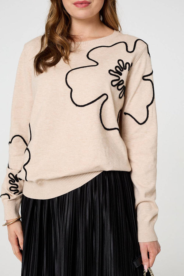 Beige | Floral Detail Long Sleeve Relaxed Jumper
