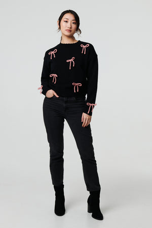 Black | Bow Embellished Drop Shoulder Jumper
