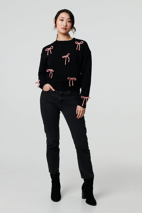 Black | Bow Embellished Drop Shoulder Jumper
