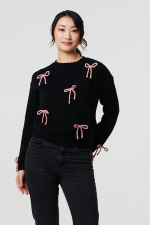 Black | Bow Embellished Drop Shoulder Jumper
