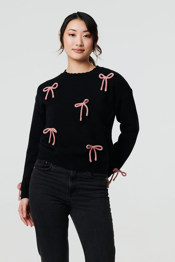 Black | Bow Embellished Drop Shoulder Jumper

