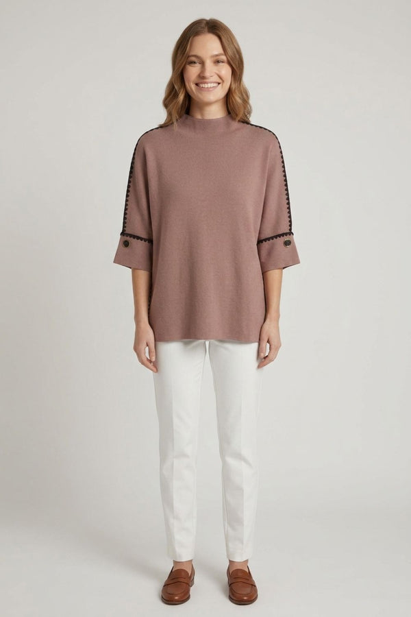 Brown | Contrast Trim 3/4 Sleeve Jumper