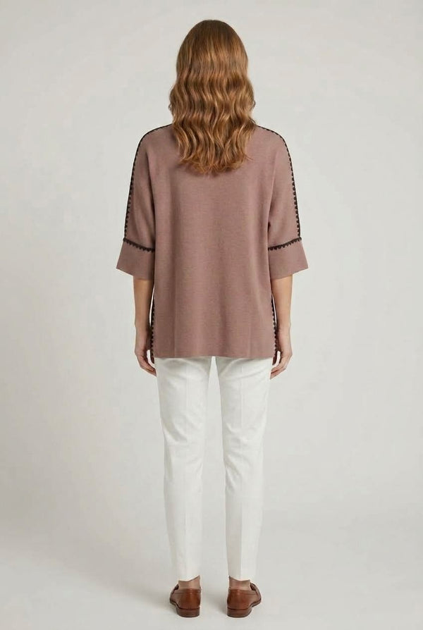 Brown | Contrast Trim 3/4 Sleeve Jumper