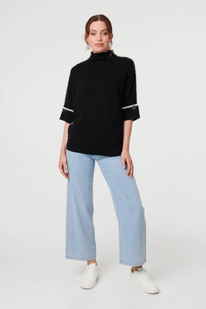Black | Contrast Trim 3/4 Sleeve Jumper
