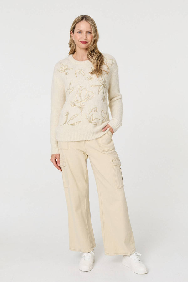 Cream | Floral Embroidered Textured Jumper
