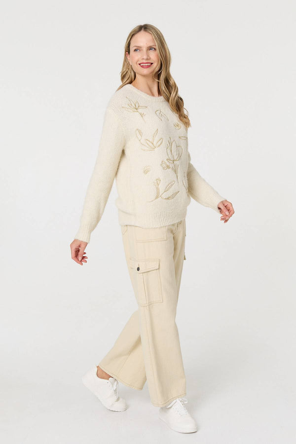 Cream | Floral Embroidered Textured Jumper

