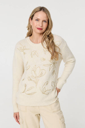 Cream | Floral Embroidered Textured Jumper
