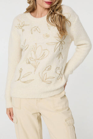 Cream | Floral Embroidered Textured Jumper

