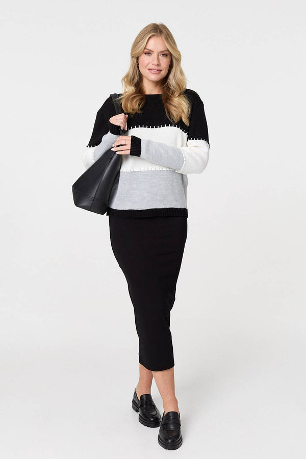 Black | Striped Contrast Stitching Slim Jumper
