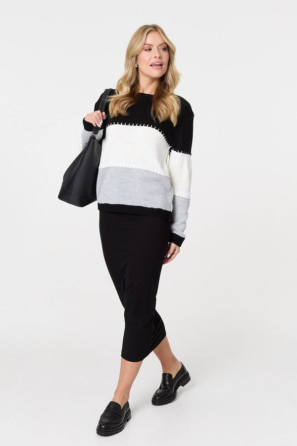 Black | Striped Contrast Stitching Slim Jumper
