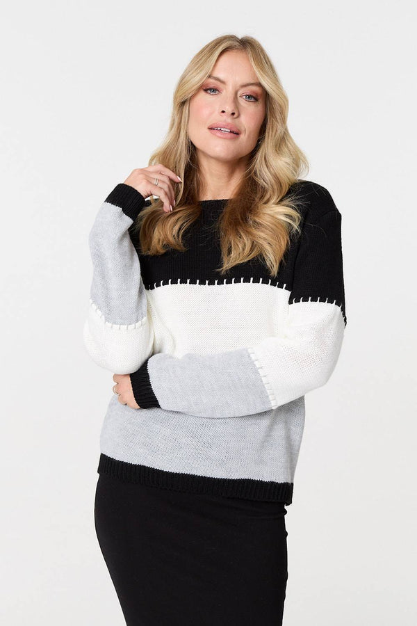 Black | Striped Contrast Stitching Slim Jumper
