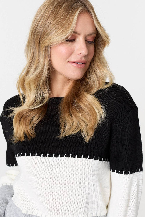 Black | Striped Contrast Stitching Slim Jumper
