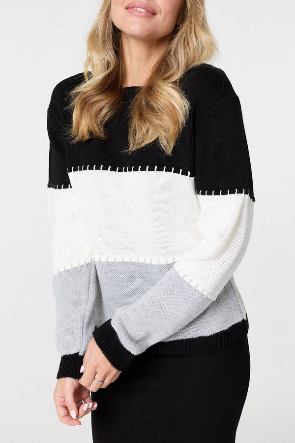 Black | Striped Contrast Stitching Slim Jumper
