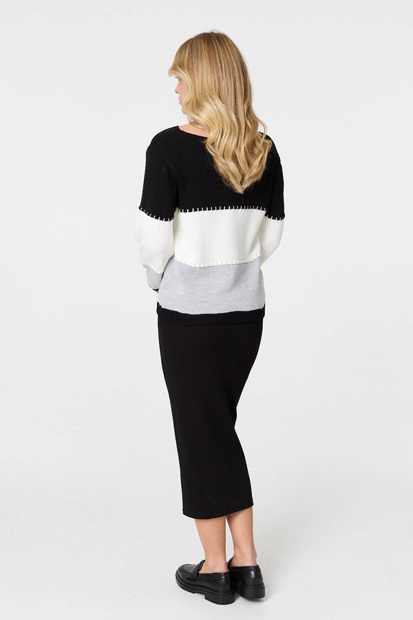 Black | Striped Contrast Stitching Slim Jumper
