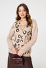 Beige | Metallic Heart Print Scoop Neck Jumper
