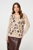 Beige | Metallic Heart Print Scoop Neck Jumper
