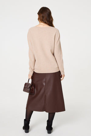Beige | Metallic Heart Print Scoop Neck Jumper

