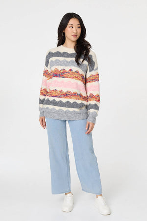White | Striped Texture Oversized Jumper
