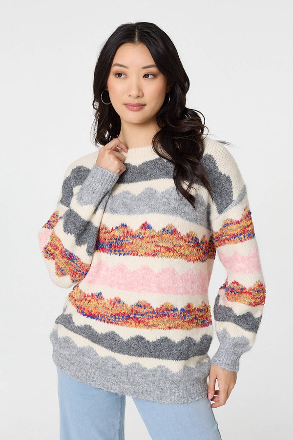 White | Striped Texture Oversized Jumper
