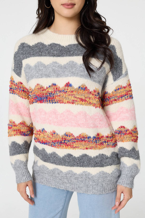 White | Striped Texture Oversized Jumper

