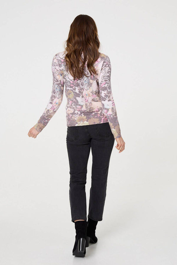 Beige | Butterfly Print Long Sleeve Knit Top
