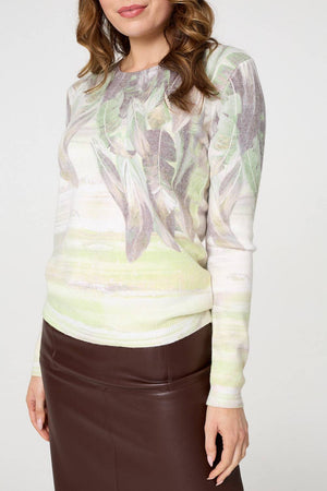 Green | Feather Print Long Sleeve Knit Top
