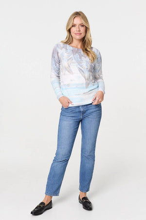 Light Blue | Feather Print Long Sleeve Knit Top
