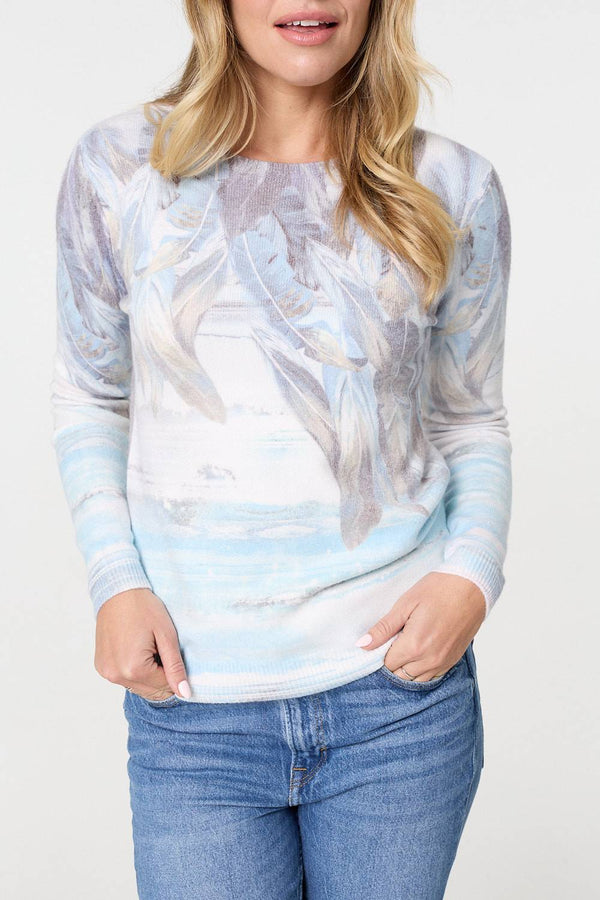 Light Blue | Feather Print Long Sleeve Knit Top
