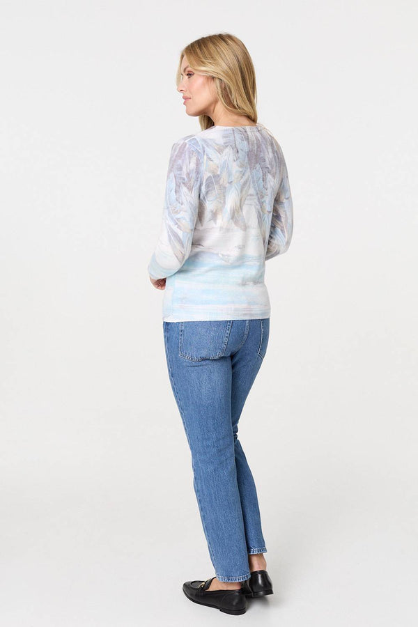 Light Blue | Feather Print Long Sleeve Knit Top
