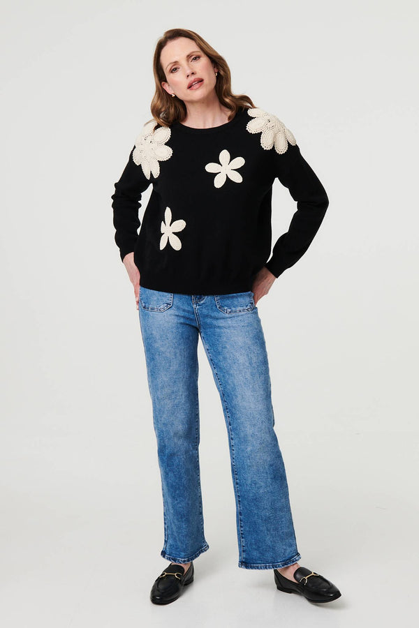Black | Floral Embroidered Relaxed Knit Jumper