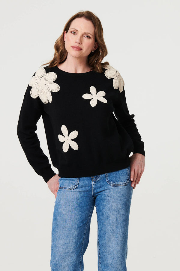 Black | Floral Embroidered Relaxed Knit Jumper : Model is 5'9"/175 cm and wears UK10/EU38/US6/AUS10