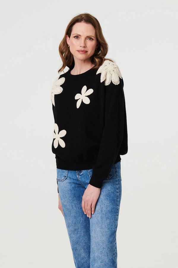 Black | Floral Embroidered Relaxed Knit Jumper