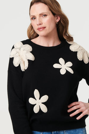 Black | Floral Embroidered Relaxed Knit Jumper