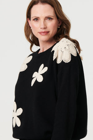 Black | Floral Embroidered Relaxed Knit Jumper