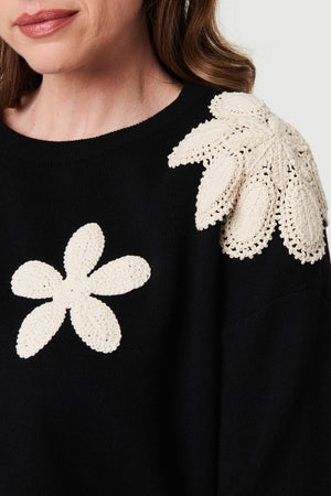 Black | Floral Embroidered Relaxed Knit Jumper