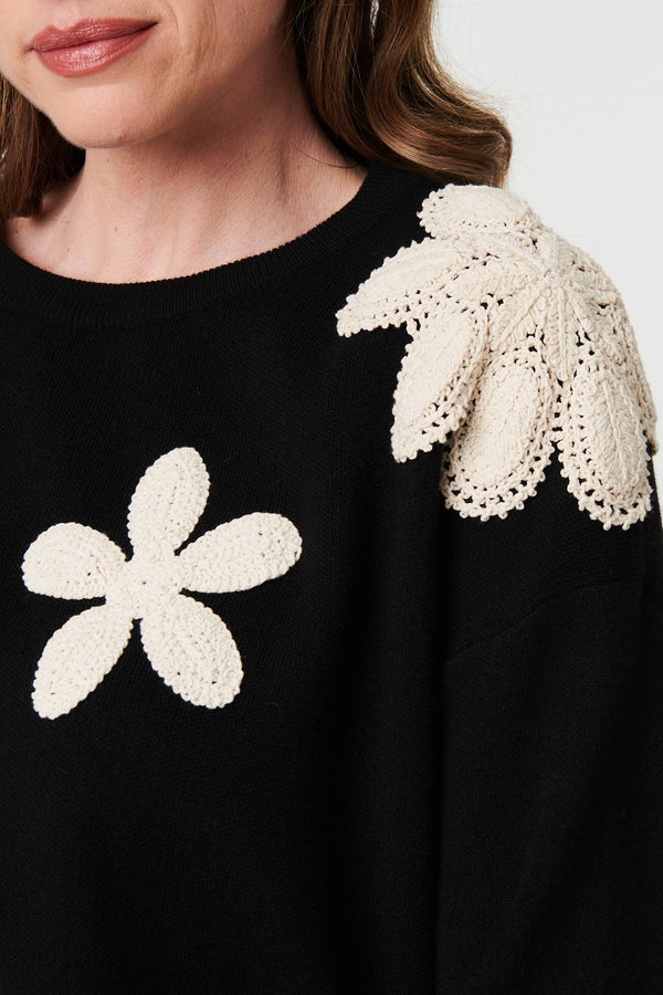 Black | Floral Embroidered Relaxed Knit Jumper