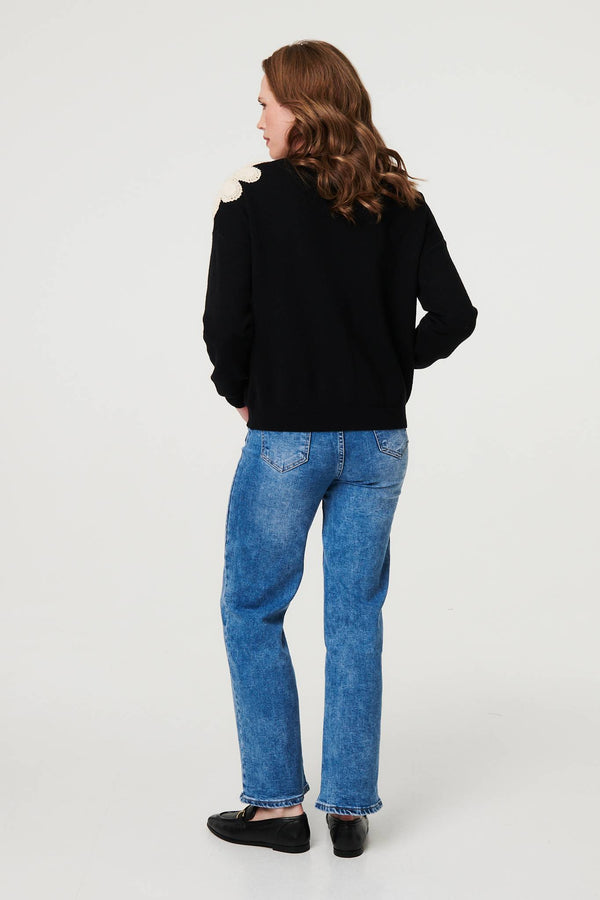Black | Floral Embroidered Relaxed Knit Jumper