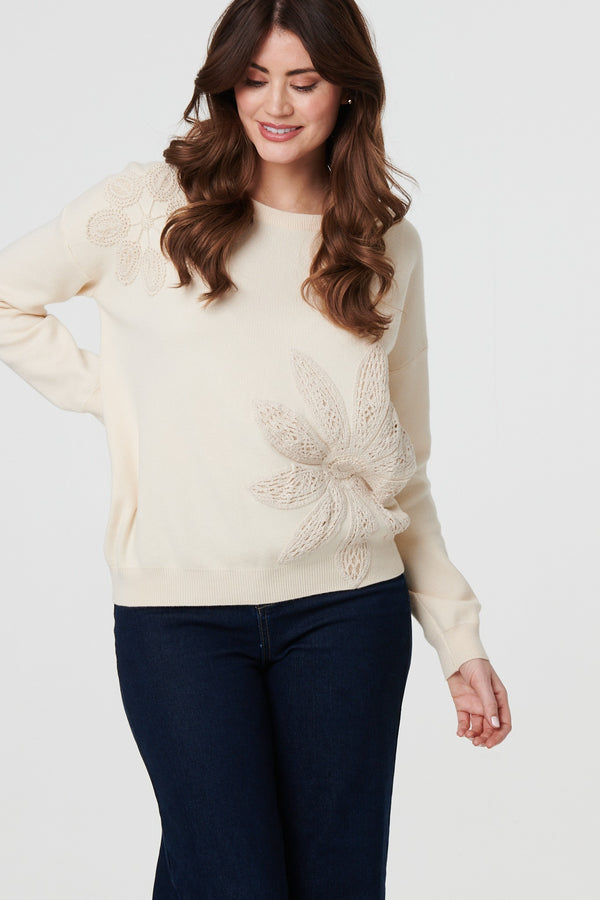 Ivory | Floral Embroidered Drop Shoulder Jumper

