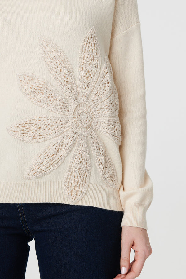 Ivory | Floral Embroidered Drop Shoulder Jumper
