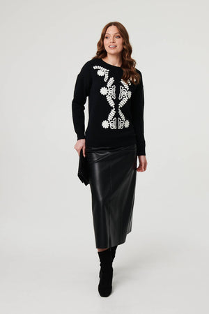 Black | Embroidered Print Drop Shoulder Jumper