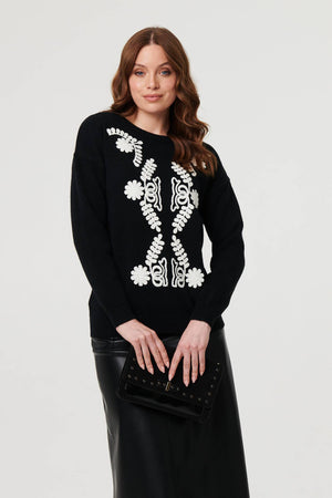 Black | Embroidered Print Drop Shoulder Jumper : Model is 5'9