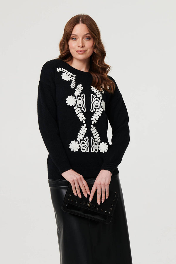 Black | Embroidered Print Drop Shoulder Jumper : Model is 5'9"/175 cm and wears UK8/EU36/US4/AUS8