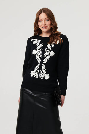 Black | Embroidered Print Drop Shoulder Jumper